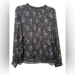 LOFT Ladies Navy Blue Floral Print Long Sleeve Blouse NWOT Size Large